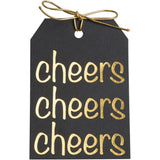 Gold foil on black paper Cheers gift tags with a metallic gold tie.
