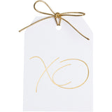 Gold foil XO gift tags on white paper with metallic gold ties. 3x4"