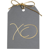 Gold foil XO gift tags on gray paper with metallic gold ties. 3x4"