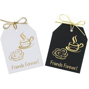 Gold Foil Friends Forever! Gift Tags with an image of donuts and coffee in gold foil. Black and white linen paper with metallic gold ties.